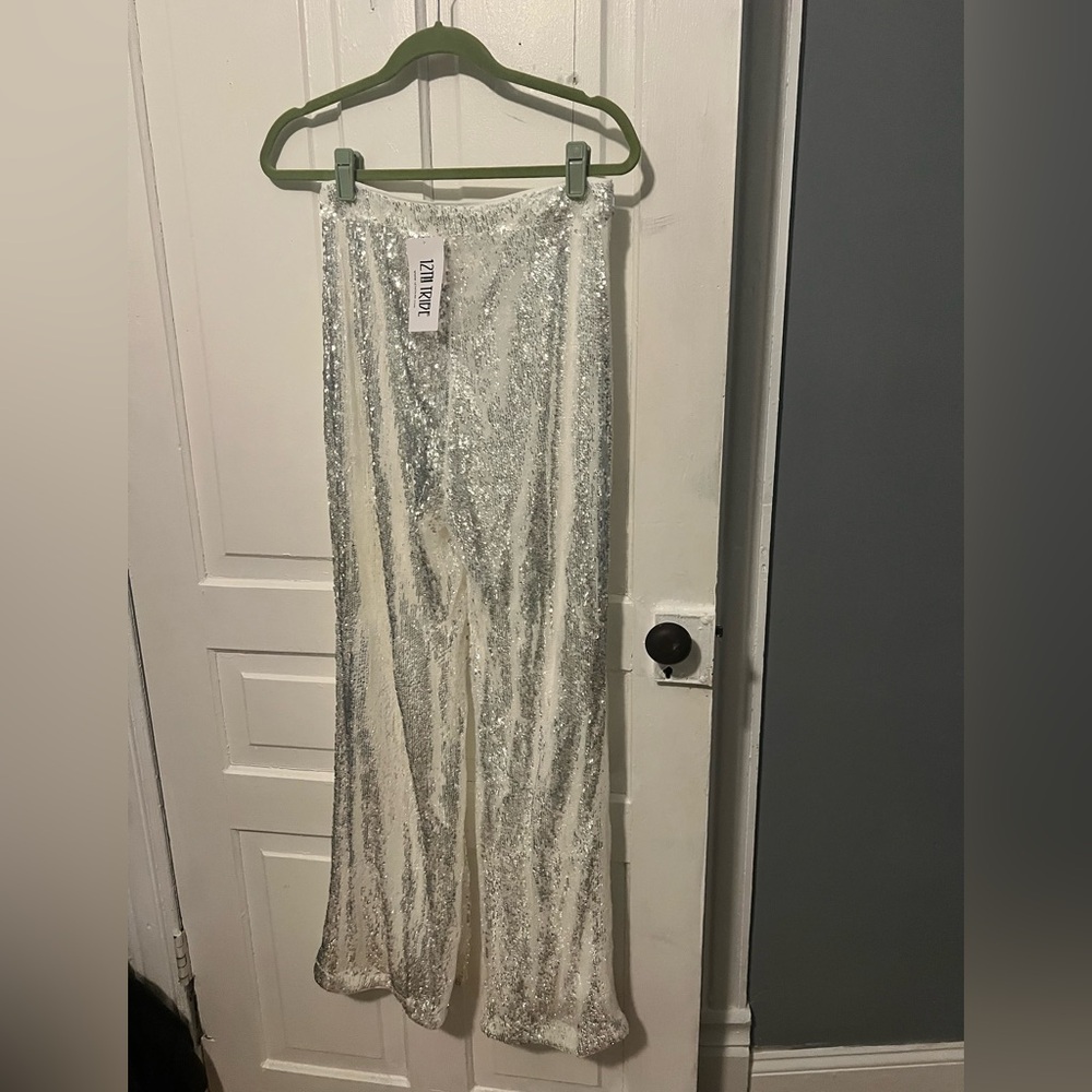 12th Tribe Shimmering Silver Sequin Wide Leg Pants